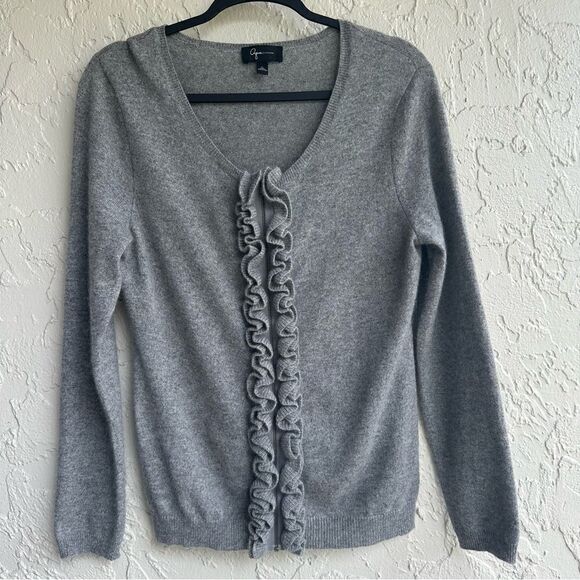 AQUA Cashmere Sweater Women Size Medium Cardigan Ruffle Full Zip Gray - Picture 1 of 6
